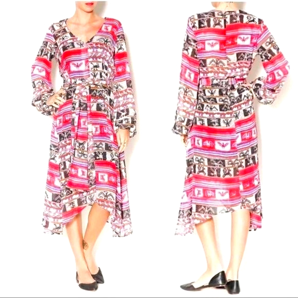 Show Me Your Mumu Aztec Sheer Puff Sleeve Button Front Boho Maxi Dress Small
